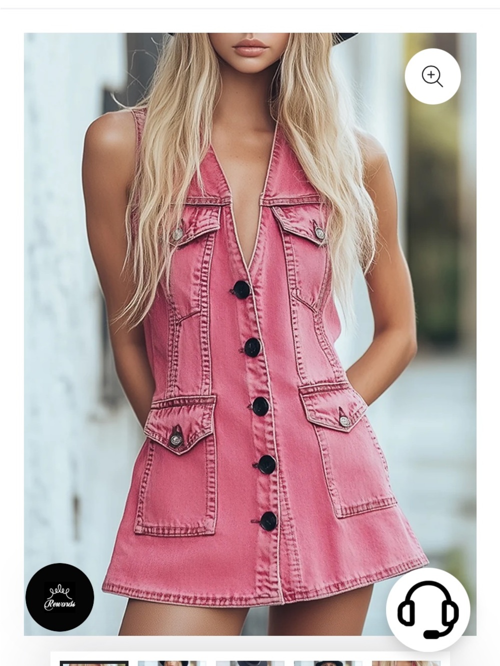 Button-Front Pink Denim Mini Dress with Flap Pockets